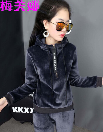 梅美娜  2016冬秋装新款卫衣套装时尚休闲大码修身运动服套装卫衣女长袖加绒加厚F1445 深灰 M
