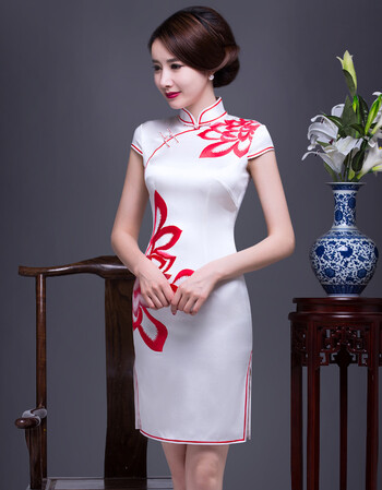 柏阑重磅真丝旗袍女 短款手工刺绣桑蚕丝敬酒礼服白色旗袍裙 白色
