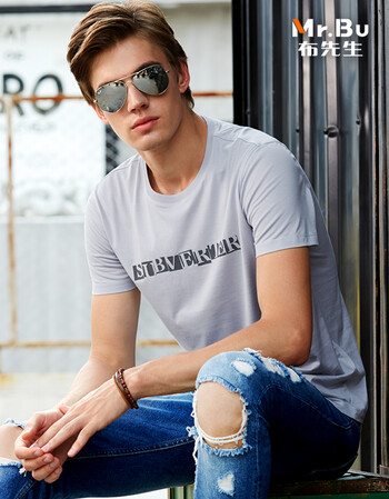 布先生夏装新品圆领纯棉字母装饰短袖t恤 at2149 银灰色 xxl/185