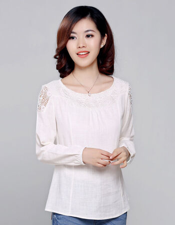 中老年人中年妇女妈妈装春装上衣棉麻t恤长袖大码宽松休闲体恤衫 白色