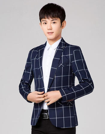 牧图森男装 春季新款男士小西装休闲英伦风一粒扣格子小西服潮男马