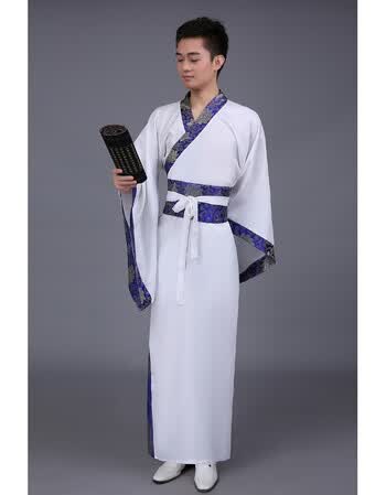 华服唐装古装古代服装汉服男男士曲裾书生 大臣黑色三国直裾深衣 白色