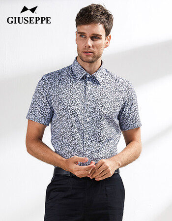 giuseppe乔治白短袖衬衫棉混纺几何印花上衣时尚休闲男士半袖衬衫 蓝