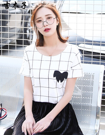 吉木子2017夏新款韩版百搭休闲显瘦格子短袖t恤女gm1711 白底黑条 m