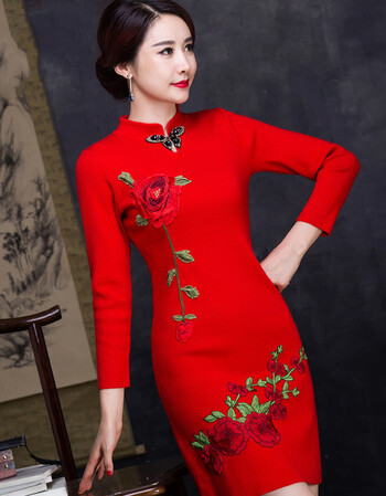 风打底衫绣花长款织布鸟旗袍针织连衣裙女连祺袍新款衣服新品 红色 l