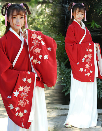 传统汉服女装大袖交领襦裙纯白下裙枫叶刺绣花日常 仅红色上衣 s