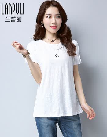 兰普丽2018夏装新款短袖t恤女宽松休闲显瘦大码女装百搭棉上衣 白色 m