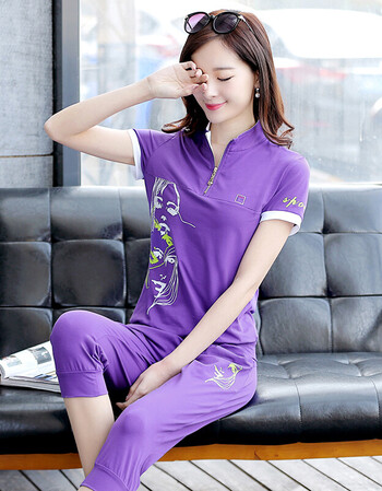 花花公子贵宾短袖套装女夏季休闲运动服套装七分裤两件套 紫色 m