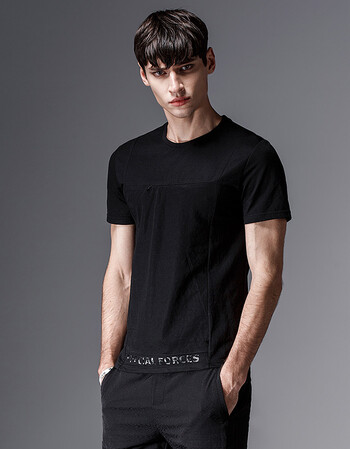 rjkk 夏季新款圆领短袖t恤 纯色拉链印花字母修身上衣潮男t 黑色 m