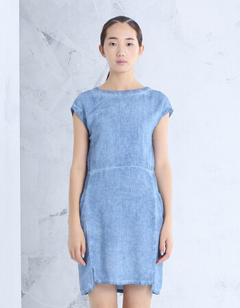 布景女装夏装新品圆领插肩袖o型收腰显瘦休闲棉麻气质连衣裙 深宝蓝 s