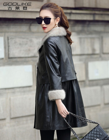 古莱登 2017秋冬新款水貂毛领真皮皮衣女装中长款加棉海宁绵羊皮休闲