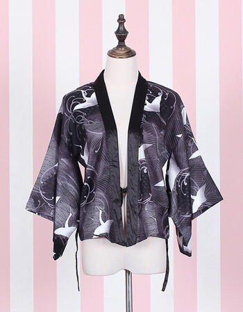 日系软妹萝莉少女仙鹤短款 羽织和风外套 宽袖宽松ssn7419 黑仙鹤羽织