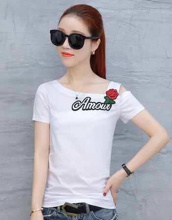 ctgqle夏季玫瑰刺绣t恤女装短袖露肩韩范修身显瘦体恤一字肩打底衫