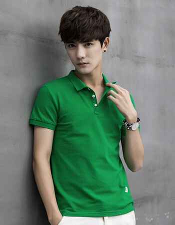 青少年t恤男短袖小翻领纯色男生有领短袖韩版潮翻领t恤小清新 绿色 m