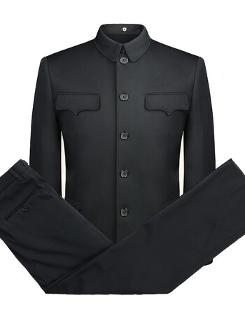 春夏新款 中山装套装男中老年中山服外套男装翻领爸爸上衣爷爷多口袋