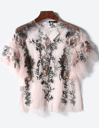 诺奢2017夏季女装新款网纱拼接t恤女刺绣气质欧美女蕾丝上衣衣服新品