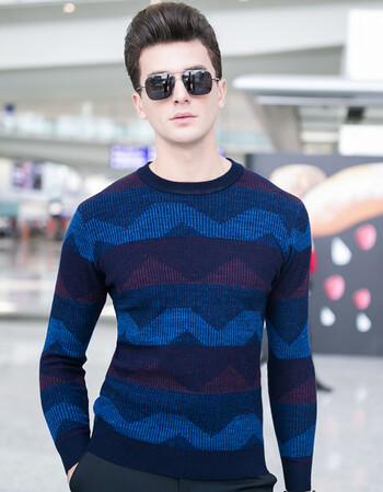 韩版青年男士圆领羊毛衫毛衣男装2017秋冬新品圆领撞色羊毛打底衫 褐