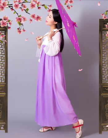 汉元素齐胸襦裙改良汉服一件式连衣裙古风广袖日常古装服装 紫色长款