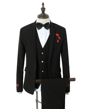 男士玫瑰花刺绣西装三件套 男式精品西服套装男小西服 黑色 m