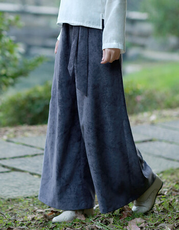 迟-清水溪原创复古中国风女装汉服汉元素灯芯绒裤子阔腿长裤特价 藏