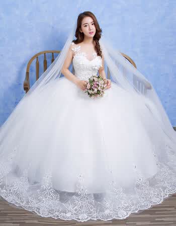 ed显瘦新娘大码白色齐地婚纱裙2017新款结婚韩式修身双肩绑带婚纱礼服