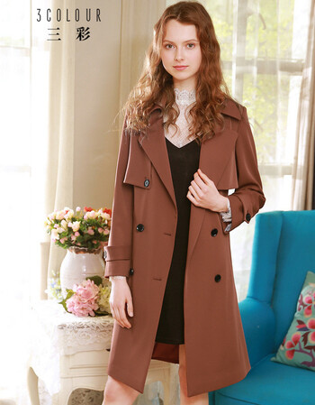 三彩2017秋装新品 西装领双排扣长风衣侧开叉外套女d732030f00 红灰