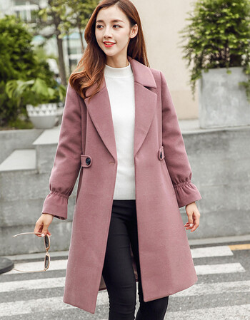 登2017秋冬新款韩版百搭毛呢外套时尚大码显瘦休闲呢子大衣女 豆沙红
