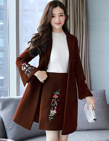 杭千衣 呢子大衣女中长款韩国2017秋冬新款气质绣花毛呢外套半身裙两
