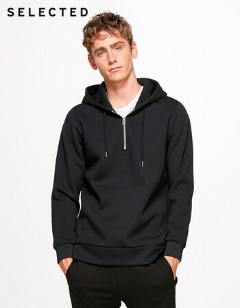 思莱德selected秋季新款男士太空棉连帽拉链休闲卫衣s|41744d505 黑色