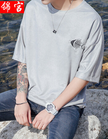 锦宫新款港仔文艺男中袖短袖t恤t 浅灰色 m【图片