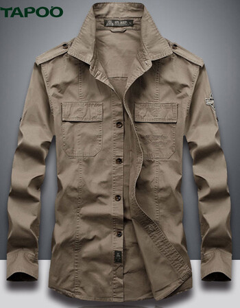tapoo 踏普长袖衬衫男休闲青年大码寸衫男军装 卡其色 xxl_ 5折现价