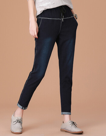 2018秋装新款韩版松紧腰牛仔裤女九分裤宽松卷边哈伦裤子 蓝色 m