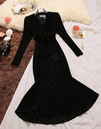 秋冬新款v领长袖银丝收腰荷叶边长裙包臀鱼尾连衣裙礼服裙女 黑色 s