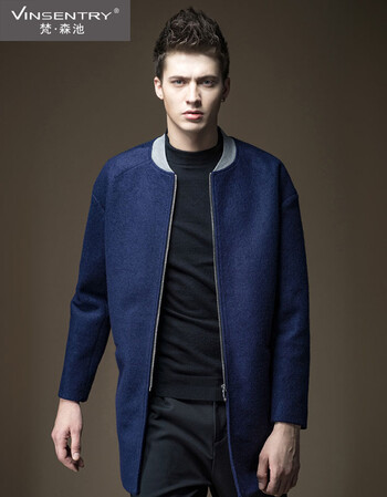 2017秋冬新品青年时尚休闲外套男士毛呢大衣 蓝色 l175