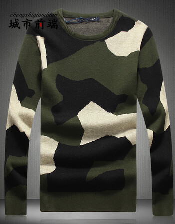 城市前端2017新款套头毛衣男圆领韩版潮流个性线衣男士针织衫 白迷彩