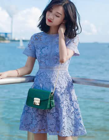 蕾丝连衣裙女夏2017新款修身显瘦韩版短袖气质a字裙短裙秋装裙子 天