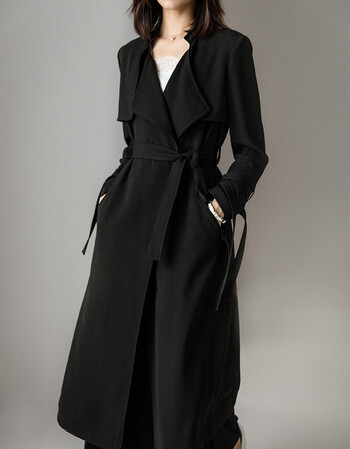 艺元素2017秋装新款七分袖黑色薄款风衣女中长款时尚百搭休闲外套e7q