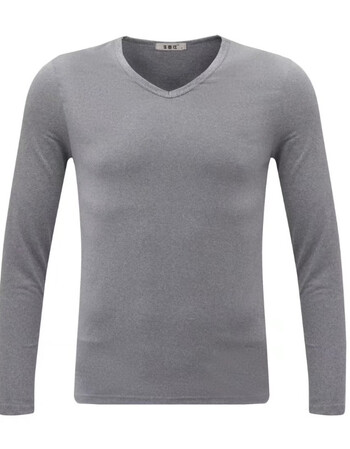 t恤男士修身v领打底衫纯色衣服秋冬潮流韩版紧身男装纯棉体恤 浅灰色