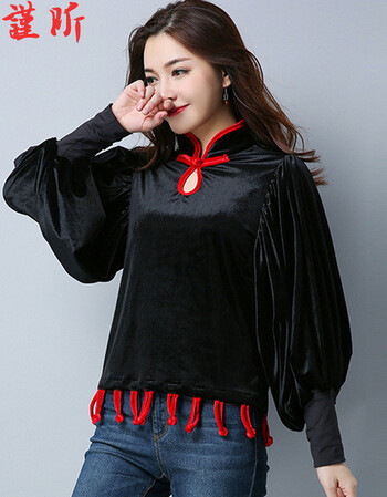 谨昕2017新款丝绒立领旗袍上衣复古改良灯笼袖唐装 黑色 m