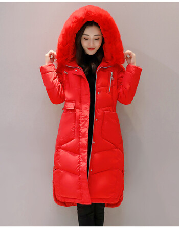 棉衣女长款大毛领过膝棉服加厚宽松大码女装保暖棉袄 红色 s