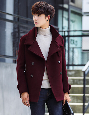 呢大衣男短款修身青年帅气秋季风衣韩版羊毛呢子外套潮 -p135 酒红色