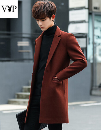 新款秋冬季韩版潮流休闲毛呢子大衣男外套中长款风衣男装宽松 酒红色