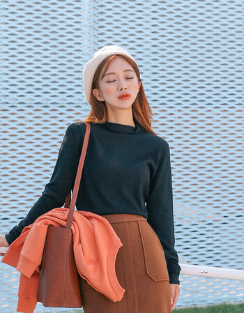 【 朴瑟seul】春装连身领宽松打底超大弹力针织衫女 ·黑色 m