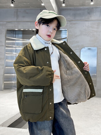 恒孞男童外套秋冬装新款男孩子中大童加绒加厚上衣冬装棉服外套卡其色