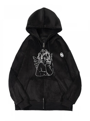 巾玖mocbird嘲笑鸟国潮牌嘻哈情侣ins天使绣花丝绒宽松开衫卫衣外套