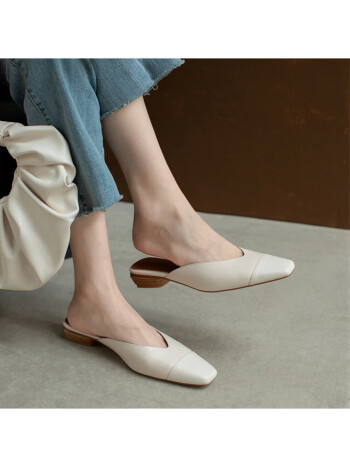 艾上他她女鞋2023年夏季新款包头穆勒鞋百搭粗跟外穿凉拖鞋女米白36