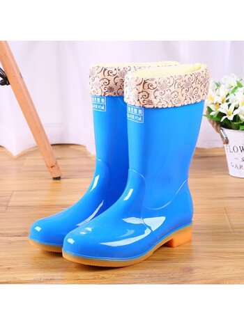 鞋雨靴防水鞋胶鞋套鞋水靴女时尚中筒成人防滑厨房工作夏 蓝色加绒 40