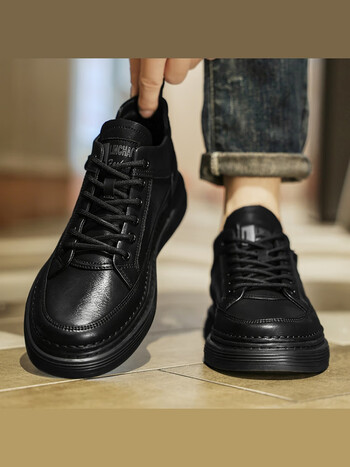 秋季透气高帮运动休闲板鞋潮流百搭厨房厨师黑色皮鞋黑色41标准运动码