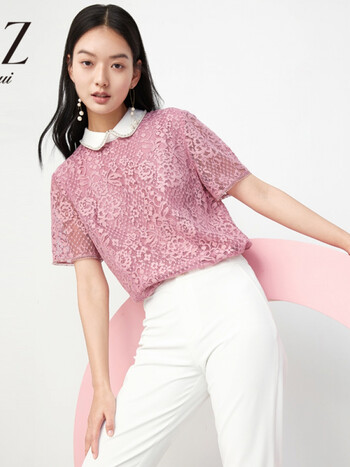 juzui/玖姿2021夏季新款树莓色翻领h版型气质上衣女蕾丝小衫 粉红 xs
