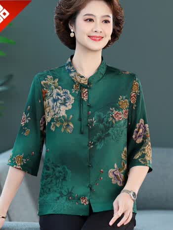 恒源祥品牌夏季新款妈i妈夏装桑蚕丝衬衫女七分袖真丝上衣中年人印花